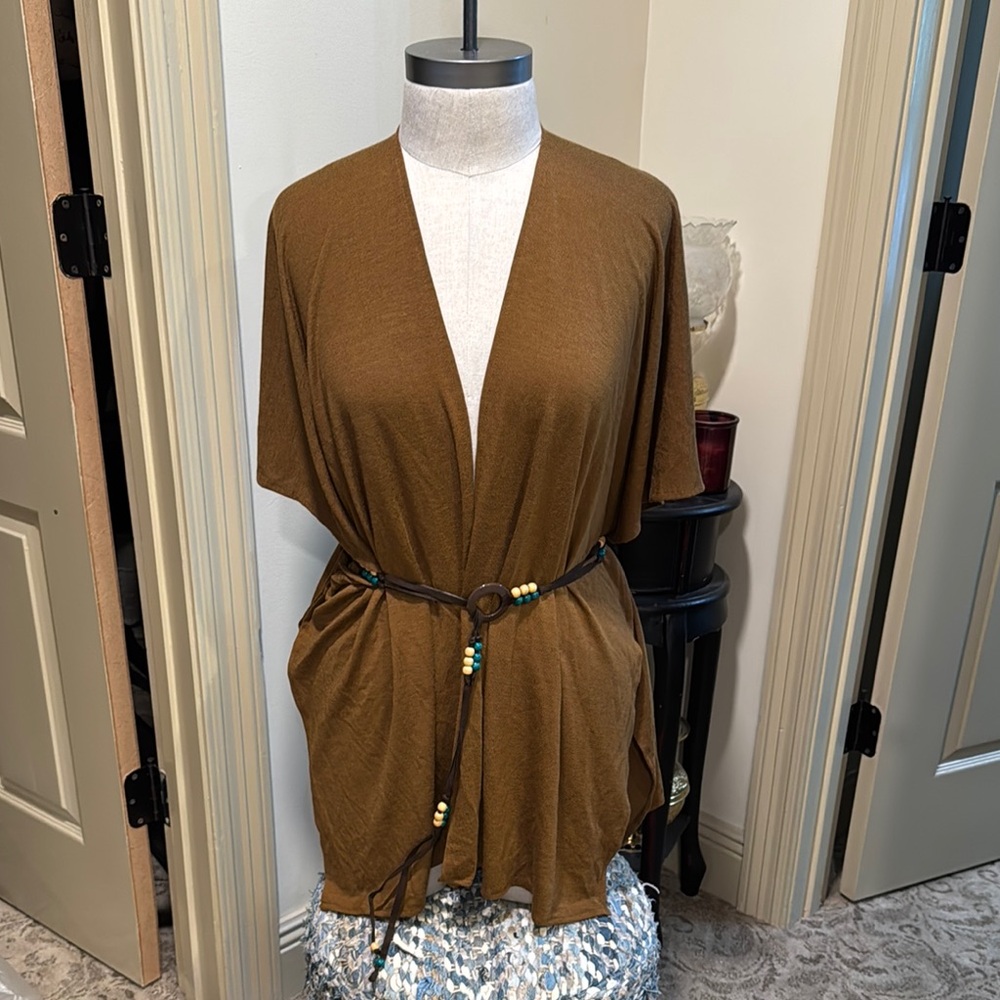 Brown Open Front Cardigan with Beaded Belt